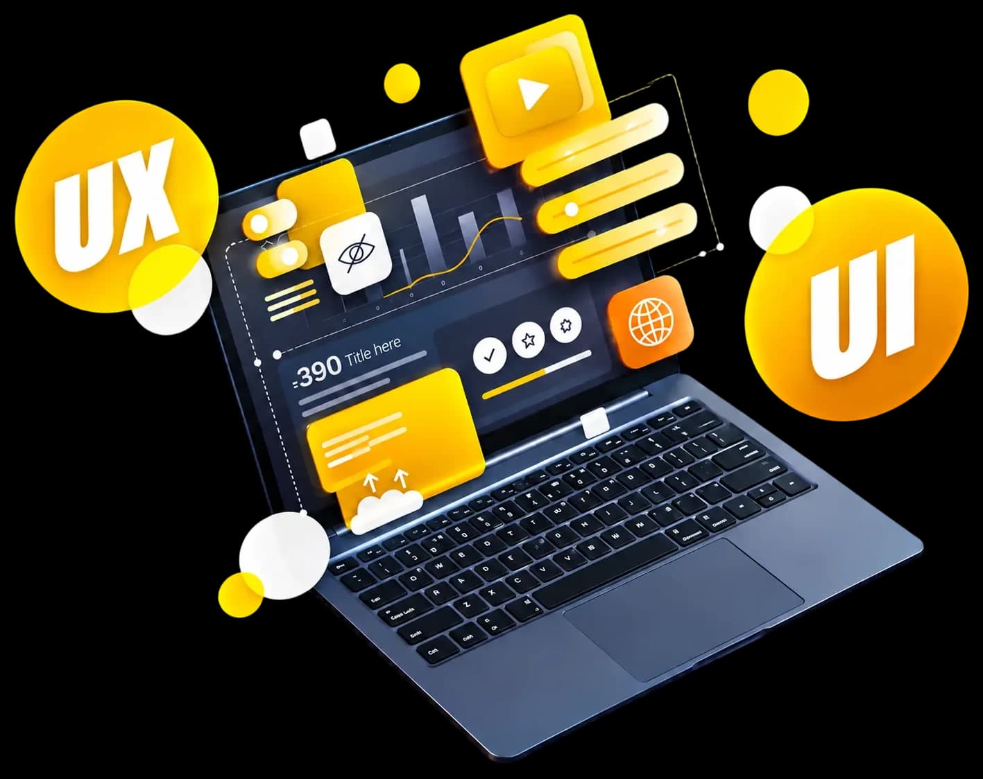 Intuitive UI/UX & Enterprise Product Design Services (Australian Quality, Worldwide Delivery) Isometric 3D laptop displaying interactive dark-mode dashboard charts, floating yellow UI and UX badges, wireframes, and scalable design system components.